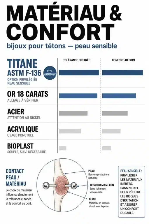 Bijoux pour tetons : comparaison visuelle des matériaux titane, or et acier pour le confort et la tolérance