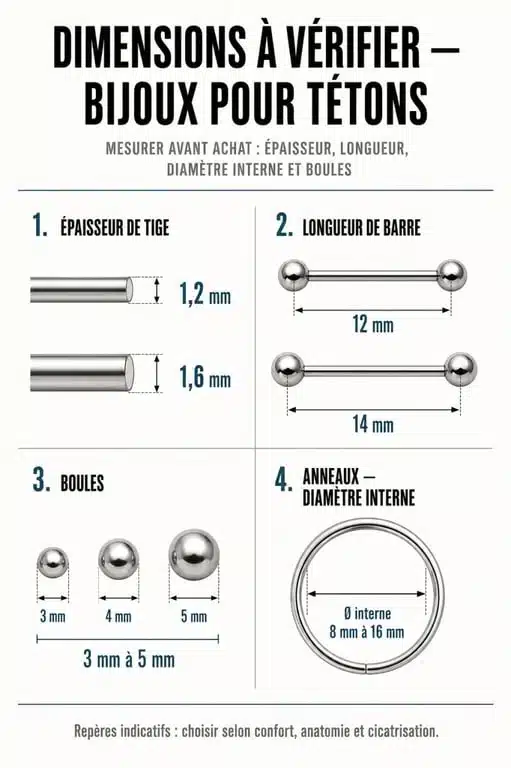 Bijoux pour tetons : guide visuel des mesures 1,2 mm, 1,6 mm, 12 mm, 14 mm et diamètres d’anneaux