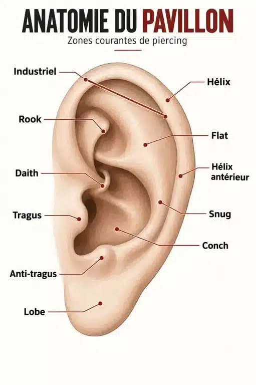 Schéma des noms des piercings d'oreille et de leur emplacement sur le pavillon