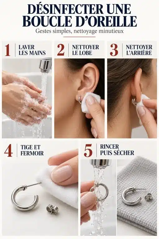 Désinfection boucle d’oreille : étapes de nettoyage, rinçage et séchage du bijou