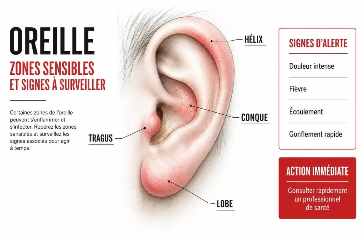 Schéma d’infection piercing oreille montrant le lobe, le cartilage et les signes d’alerte