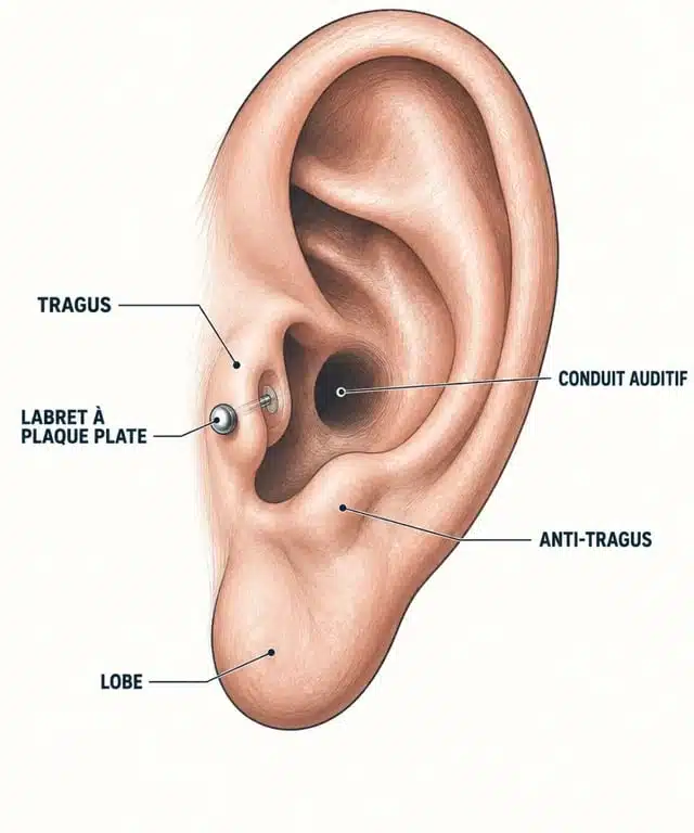 Schéma du piercing oreille tragus et de la position du labret