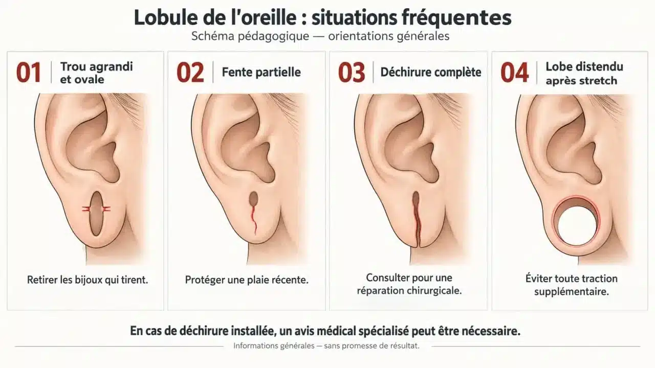 Schéma expliquant que faire face à un trou d’oreille agrandi, une fente ou une déchirure du lobe