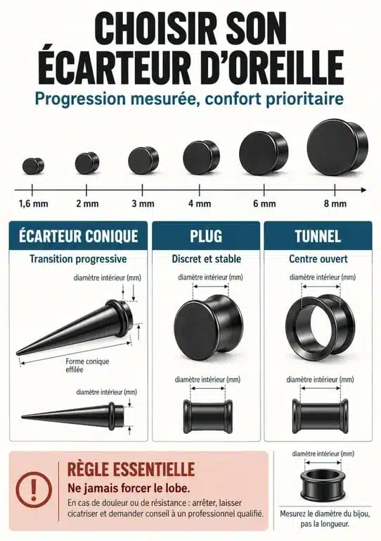 Écarteur oreille : progression des diamètres et différence entre écarteur conique, plug et tunnel