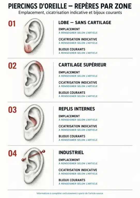 Comparaison visuelle des zones de piercing oreille, de leur cicatrisation et des bijoux adaptés