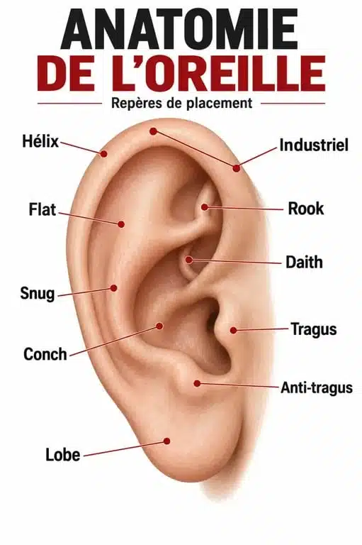 Schéma des principales zones de piercing oreille avec leurs noms anatomiques