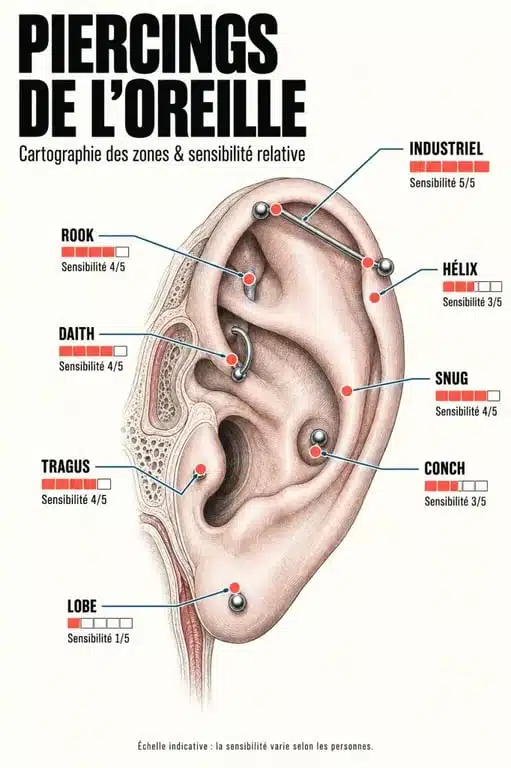 Schéma des emplacements de piercing à l'oreille et douleur associée par zone
