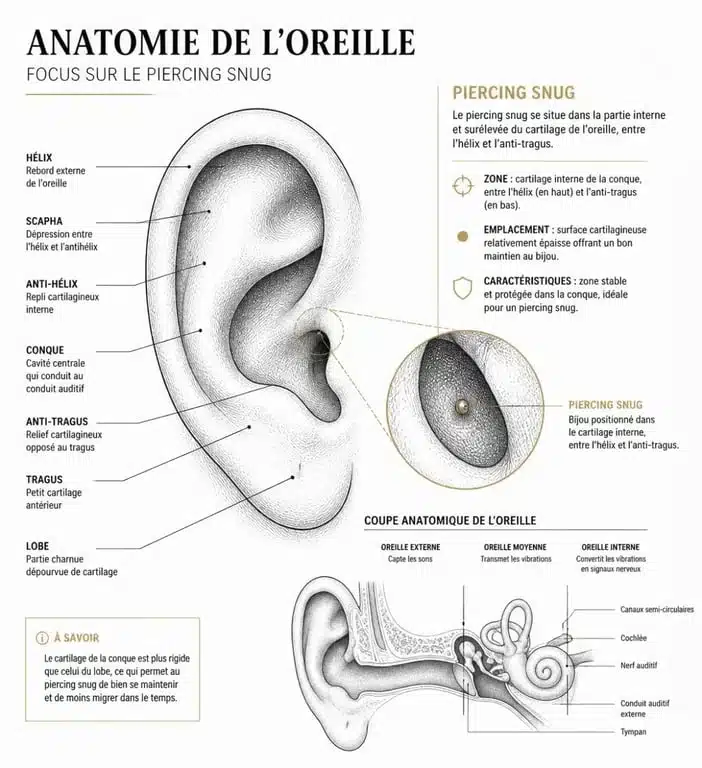 Schéma anatomique montrant l'emplacement précis du piercing snug sur l'oreille