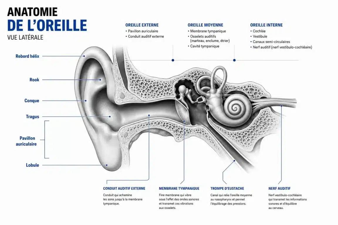 Hélix oreille : schéma de l’emplacement sur le pavillon et comparaison avec tragus, conch, rook et lobule