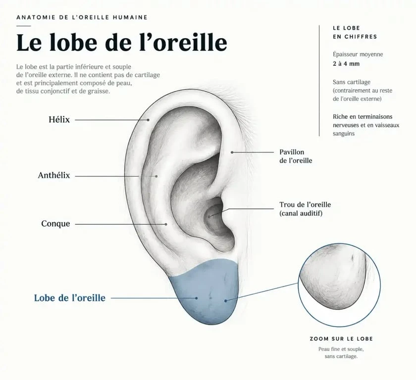 Schéma anatomique de l'oreille humaine localisant le lobe de l'oreille