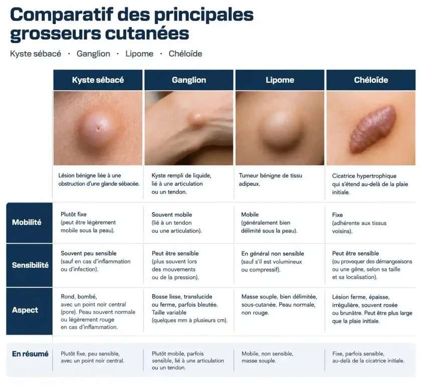 Tableau comparatif des causes d'une boule dans le lobe de l'oreille : kyste, ganglion, lipome et chéloïde