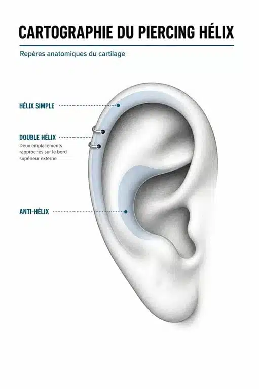 Schéma du piercing helix double sur l’oreille avec repérage de l’emplacement