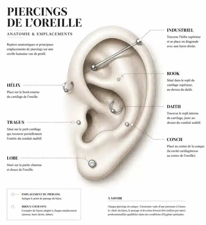 Schéma des différents emplacements de piercing oreille et leur signification