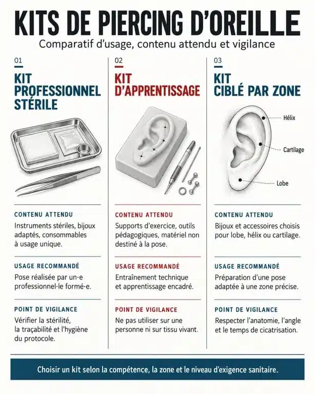 Comparaison visuelle des types de kit piercing oreille professionnel, débutant et par zone