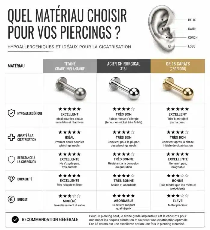 Comparatif des matériaux pour piercing cartilage oreille