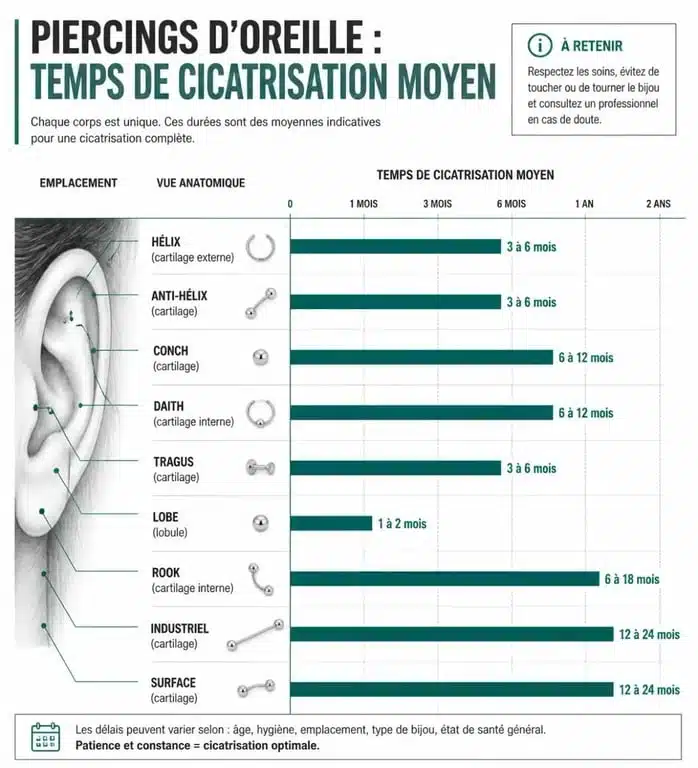 Temps de cicatrisation moyen par type de piercing cartilage oreille