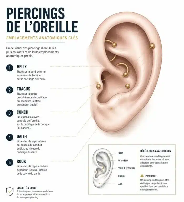 Schéma anatomique des différents types de piercing cartilage oreille