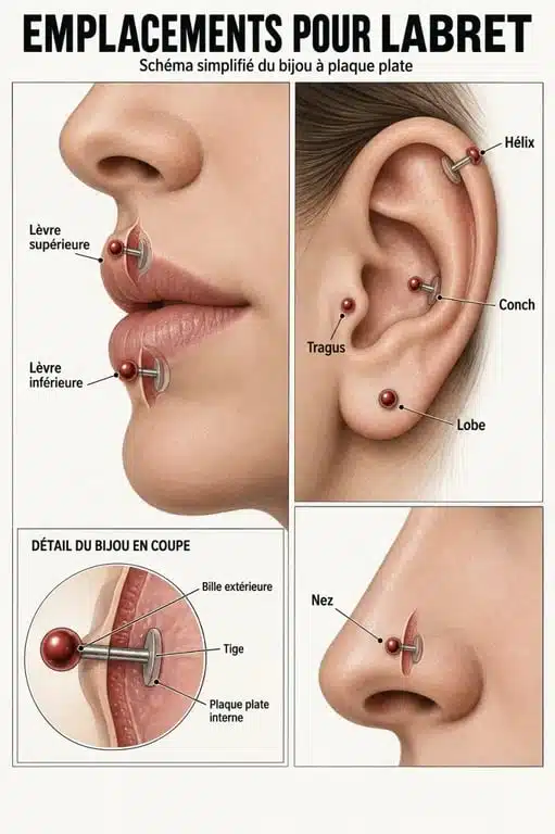 Schéma des emplacements d’un piercing à labret sur la lèvre, l’oreille et le nez