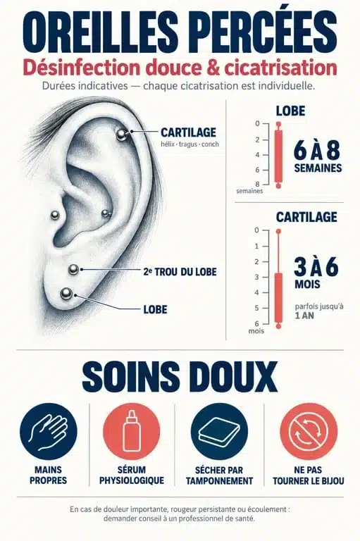 Infographie sur la désinfection des oreilles percées et les durées de cicatrisation du lobe et du cartilage