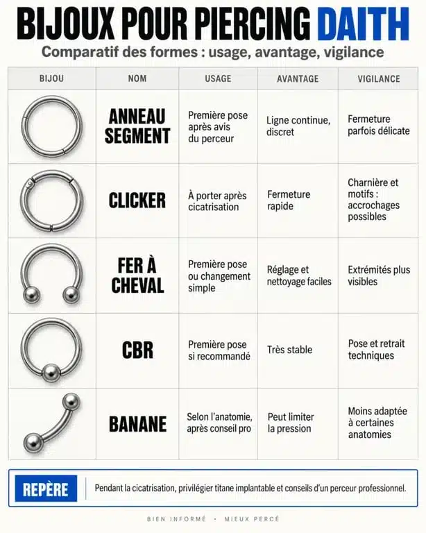 Comparatif visuel des bijoux pour piercing oreille daith