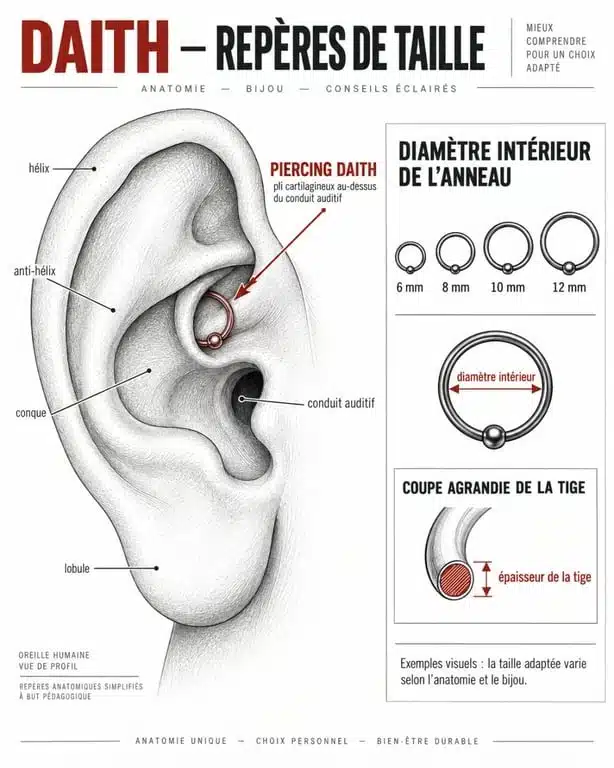 Schéma anatomique du piercing oreille daith avec diamètre et épaisseur du bijou
