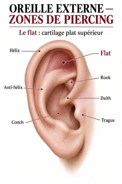 Schéma de la localisation du piercing flat oreille et des principaux piercings du cartilage
