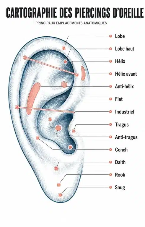 Schéma des principaux emplacements de piercing oreille avec leurs noms