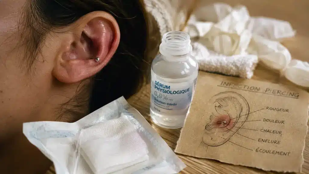 infection piercing oreille : compresse stérile et sérum physiologique près d’un piercing récent