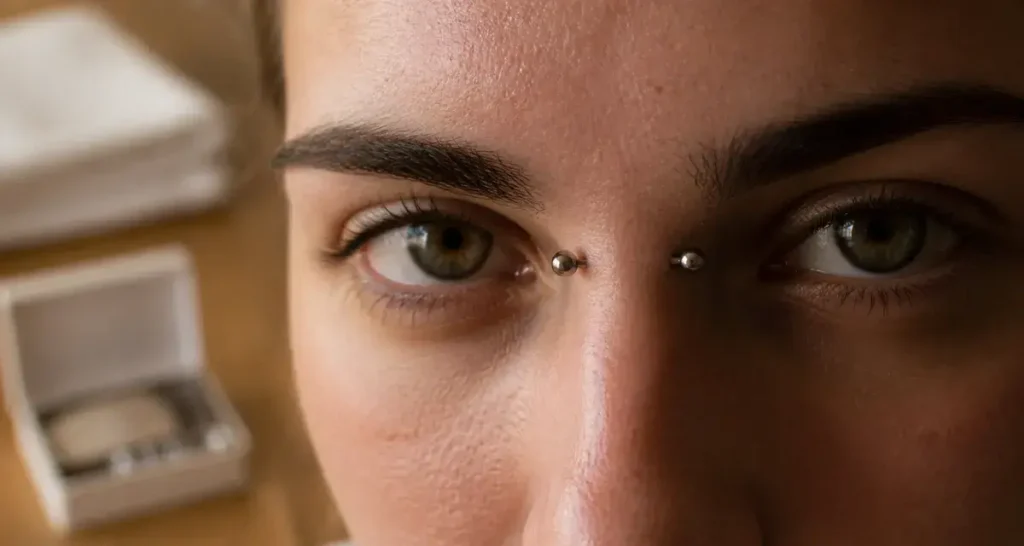 Piercing bridge en titane, gros plan visage, lumière douce