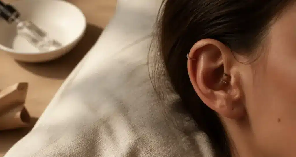 Piercing cartilage oreille avec hélix et conch en titane poli
