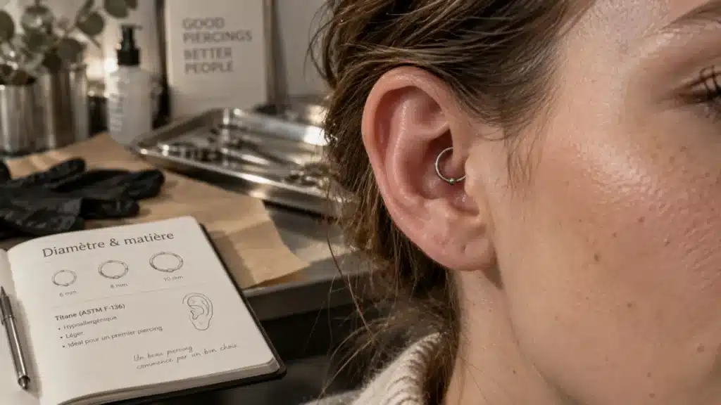 Piercing oreille daith : anneau titane sur cartilage, choix bijou selon anatomie et cicatrisation