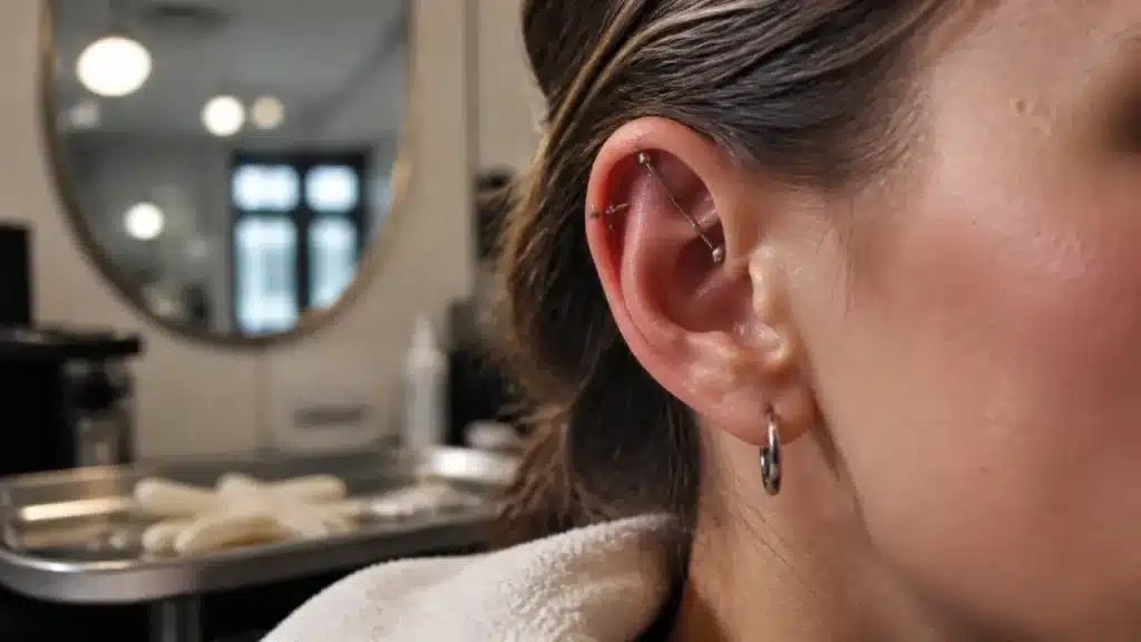 Piercing oreille industriel : double perforation du cartilage, bijou en titane