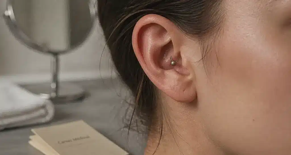 Piercing snug en titane sur l’oreille, gros plan