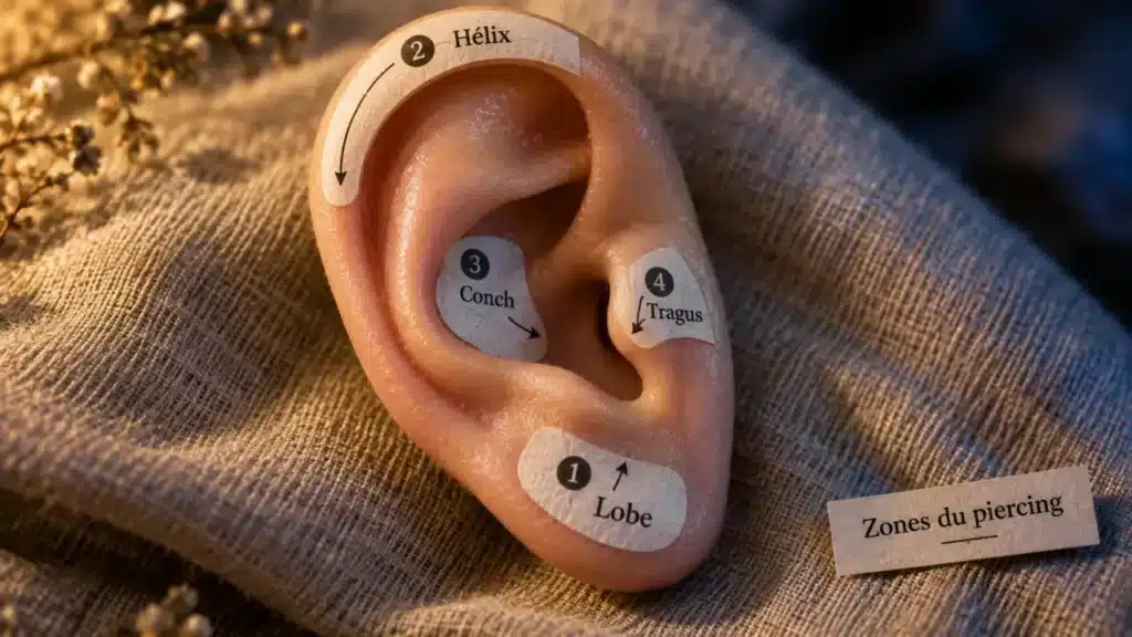 Piercings oreilles noms : zones lobe hélix conch tragus