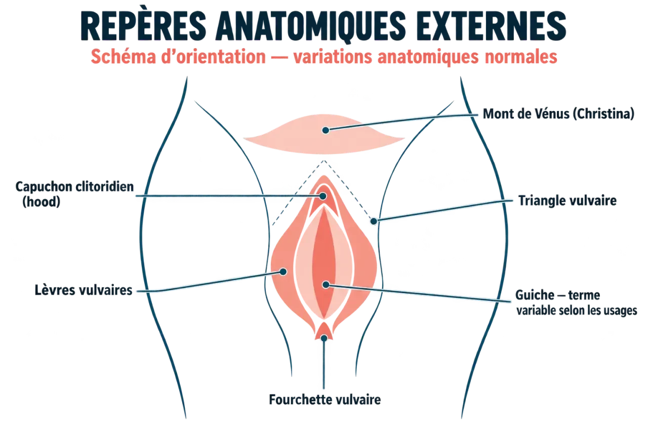 Schéma des emplacements d’un piercing génital sur la vulve