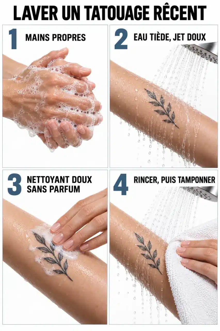 Lavage d’un tatouage récent avec un gel douche pH neutre, rinçage doux et séchage par tapotements