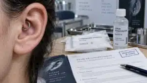 Piercing daith pour migraine : gros plan oreille et anneau titane