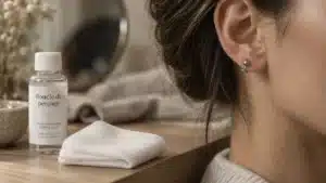 Prothèse piercing oreille : boucle en titane sur lobe en cicatrisation (6 à 8 semaines)